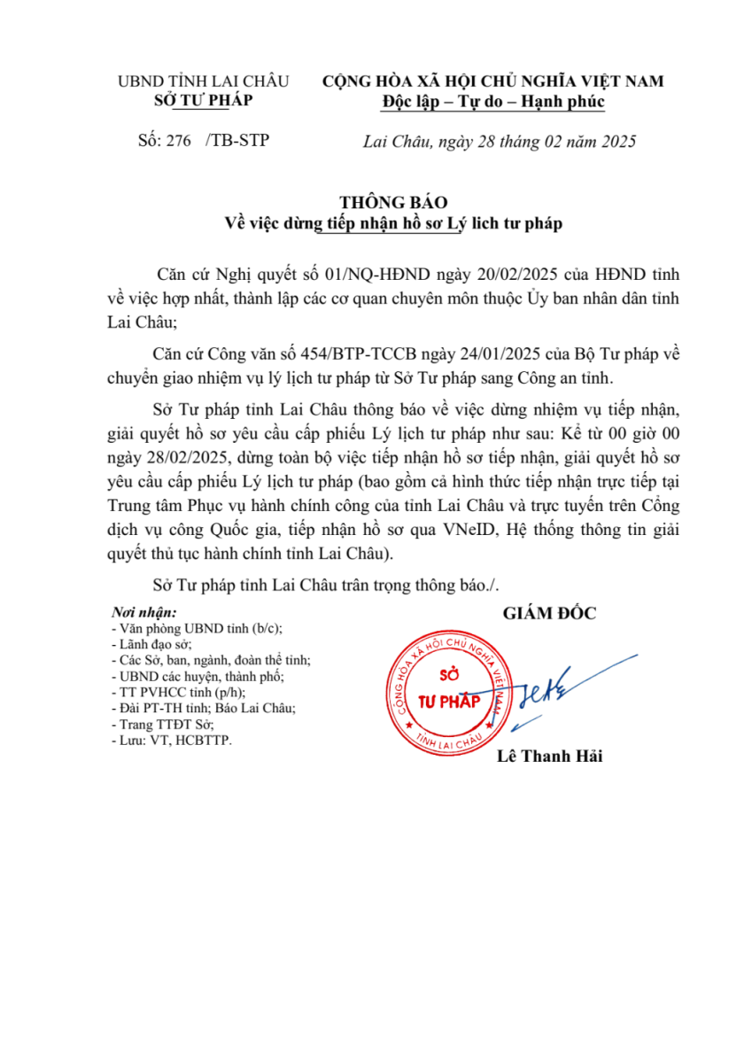 Thông báo dừng tiếp nhận hồ sơ lý lịch tư pháp